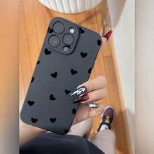 Ốp điện thoại silicon hình trái tim đen nhỏ kiểu dáng thẳng dành cho nữ, thiết kế dễ thương và tinh tế tương thích với dòng iPhone 16/15/15 Pro/15 Pro Max/14/13/12/11/Xs Max - Cạnh thẳng màu đen trái tim nhỏ màu đen - Xem 1