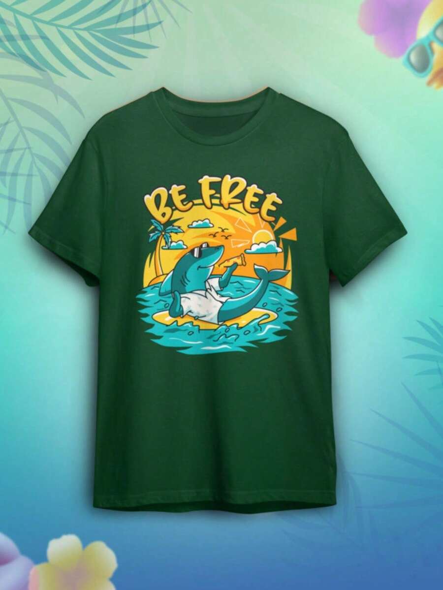 Free Summer Unisex Shark Print T-Shirt - màu xanh lá - Xem 1