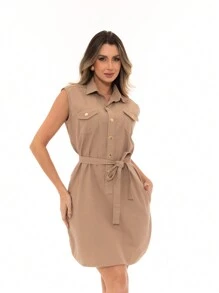 Women's Twill Dress Chemise Tank Top Loose With Buttons Pocket And Belt Fashion - 米色 - 查看 6