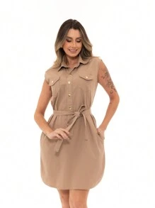 Women's Twill Dress Chemise Tank Top Loose With Buttons Pocket And Belt Fashion - 米色 - 查看 8