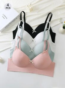 4 pièces Soutien-gorge de lingerie sans couture et sans fil pour femmes, respirant et confortable, design élégant avec nœud, couleur unie, convient pour le sport et les loisirs - Multicolore - Voir 1