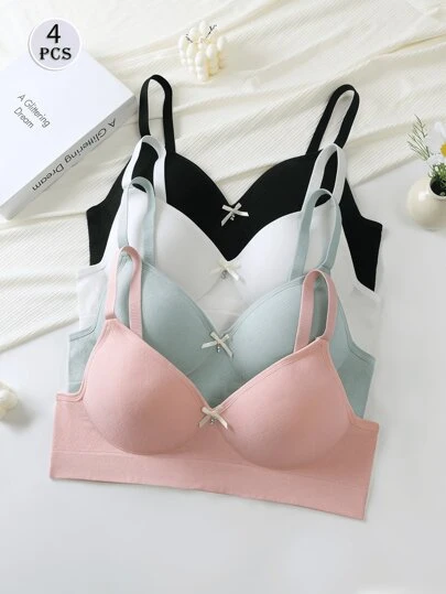4pcs Women Seamless Wireless Lingerie Bra, Breathable And Comfortable, Elegant Bow Design, Solid Color, Suitable For Sports And Leisure