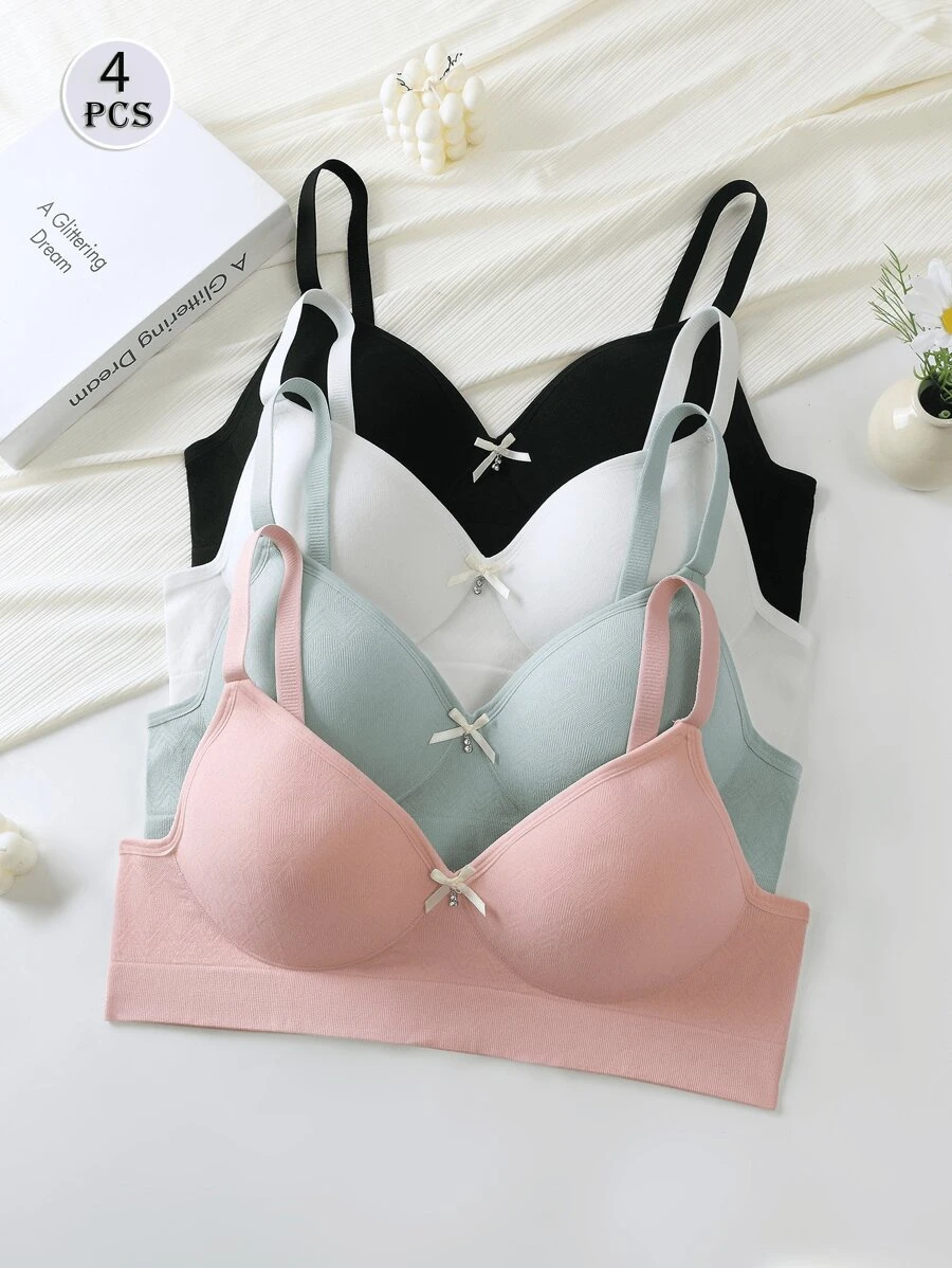 4 pièces Soutien-gorge de lingerie sans couture et sans fil pour femmes, respirant et confortable, design élégant avec nœud, couleur unie, convient pour le sport et les loisirs - Multicolore - Voir 1