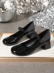 Herbst/Winter Neue Mode Plateau Absatz Runde Zehenkappe Lackleder Slip-On Pumps Urlaubsstil Elastikband Absatz Pumps, Schwarze bestickter Mary Jane Kleiderschuhe - Schwarz - Übersicht 6