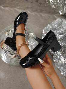 Herbst/Winter Neue Mode Plateau Absatz Runde Zehenkappe Lackleder Slip-On Pumps Urlaubsstil Elastikband Absatz Pumps, Schwarze bestickter Mary Jane Kleiderschuhe - Schwarz - Übersicht 3