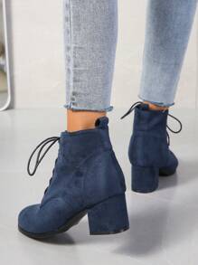 女士秋冬踝靴/短靴，厚底圆头绒面革时尚靴，金属搭扣，时尚百搭舒适高跟鞋 - 藍色 - 查看 5