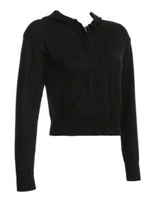 Womens Full Zip Knit Hoodies, Casual Solid Color Long Sleeve Drawstring Sweatshirts - Negro - Ver 5