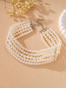 1pc Handmade Multi-Layer Pearl Choker Necklace, Evening Style, Ladies Jewelry - White - View 5