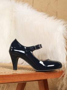 1 双女士纯色海军蓝亮面粗跟高跟鞋，优雅扣合舒适高跟鞋，经典玛丽珍正装鞋，适合办公室/正式场合 - 藏蓝色 - 查看 5