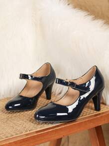 1 双女士纯色海军蓝亮面粗跟高跟鞋，优雅扣合舒适高跟鞋，经典玛丽珍正装鞋，适合办公室/正式场合 - 藏蓝色 - 查看 4