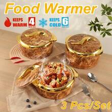 Juego de calentadores de acero inoxidable, set de 3 platos de cazuela térmica con tapa, recipiente aislado para caliente y frío, tazón para servir en bufés - Blanco - Ver 7