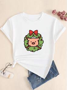 Christmas Wreath Pig Printed T-Shirt Premium Casual Women's Fashion Blouse - 白色的 - 查看 1