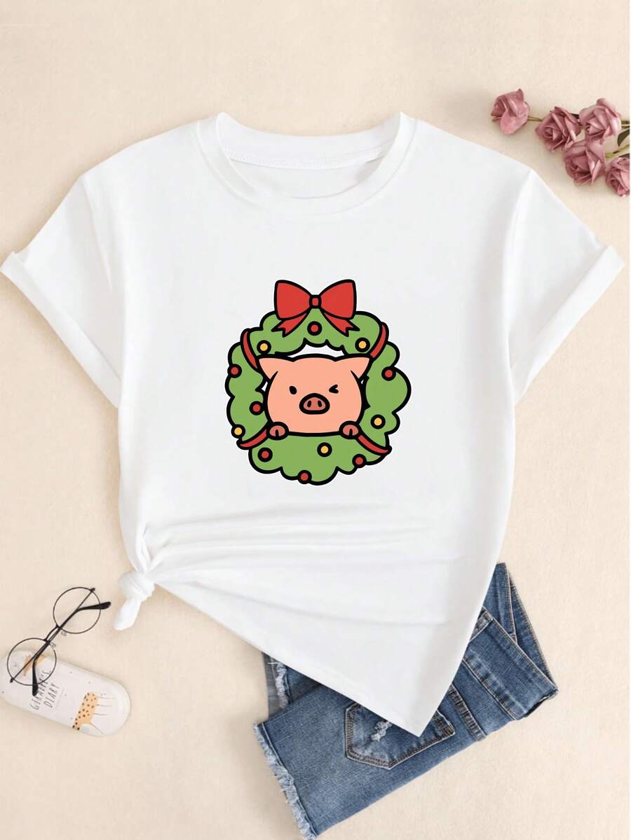 Christmas Wreath Pig Printed T-Shirt Premium Casual Women's Fashion Blouse - 白色的 - 查看 1