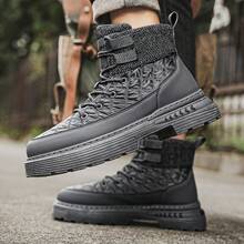 男士高帮系带帆布鞋贝壳头工作靴透气靴拼色百搭户外防滑摩托靴复古皮靴 - 灰色 - 查看 4