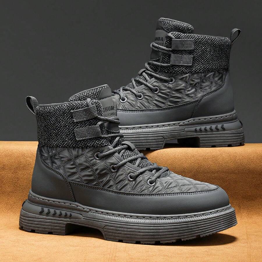男士高帮系带帆布鞋贝壳头工作靴透气靴拼色百搭户外防滑摩托靴复古皮靴 - 灰色 - 查看 1