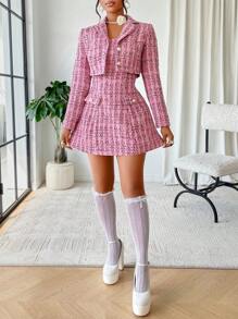 Bộ 2 váy ống chữ A kẻ caro kèm áo khoác lửng thời trang thu đông cho nữ, hai món dùng để hẹn hò - hồng đậm - Xem 6