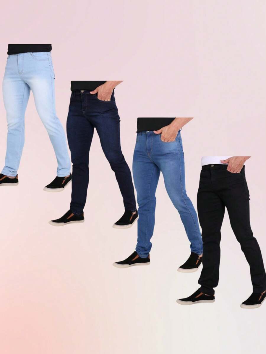Kit 4 Men's Slim Destroyed Jeans Fashion Premium Line Original Elastane Clothes Direct From The Factory Shipping In 24 Hours Color Black Dark Medium Light - Nhiều màu - Xem 1