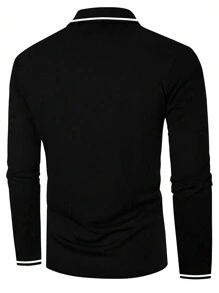 1 chiếc áo thun polo tay dài cổ bẻ màu đen giản dị dành cho nam, phù hợp cho mùa xuân và mùa thu - màu đen - Xem 2