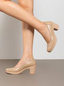 Women's Chunky Round Toe Low Block Heels Work Pumps Elegant Comfortable Solid Color Slip On Wedding Office Gift Festival Shoes - 杏色 - 查看 10