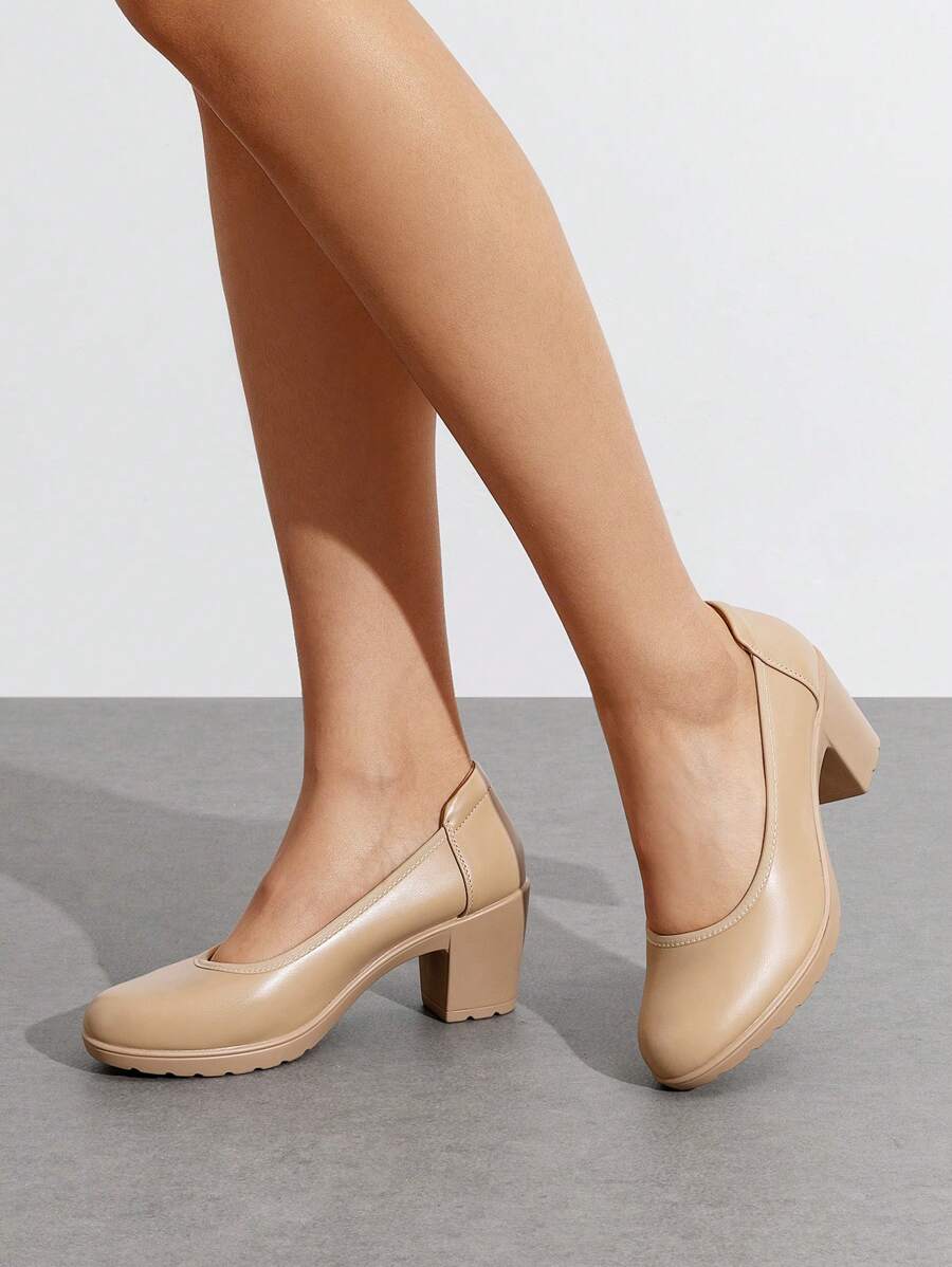 Women's Chunky Round Toe Low Block Heels Work Pumps Elegant Comfortable Solid Color Slip On Wedding Office Gift Festival Shoes - 杏色 - 查看 1