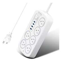 10-in-1 Black Outlet with 6 Receptacles, 4 USB Ports,  Ports,  Extension Cord, Flat Plug, Wall Mount, Overload Protection, Power Outlet Surge Protector - Ideal for Home and Office Desktop Charging - Blanco - Ver 2