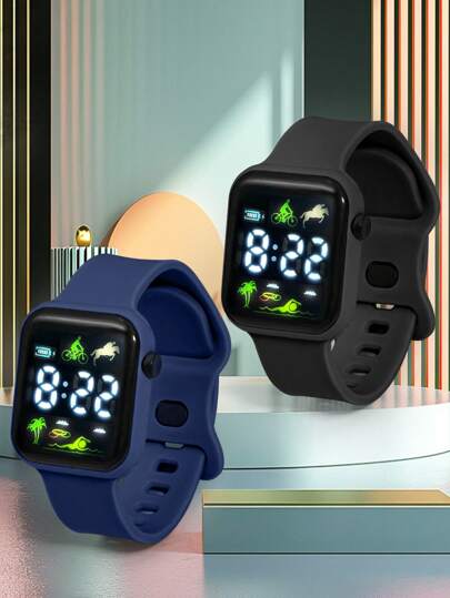 2pcs Youth Student Casual Horse Coconut Tree Swimming Pattern LED Screen Electronic Square Unisex Sports Watch, Cartoon TPU Case, Suitable For Daily Life & Gift