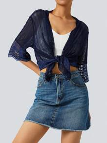 Womens Open Front Shrug, Short Sleeve Solid Color Lace Patchwork Sheer Bolero Cover Up - Navy Blue - View 5