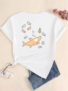 Cartoon T-Shirt Cotton Basic T-Shirt Printed Shark Design Comfort Short Sleeve Summer Sweet Sexy Sophisticated Versatile Hot Girl Tight Elegant Comfortable - trắng - Xem 3