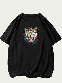 Colorful Tiger Print T-Shirt Men's Blouse Casual T-Shirt Fashion Premium Comfort Cotton Loose Versatile Sophisticated Modern Breathable Soft - 黑色 - 查看 1