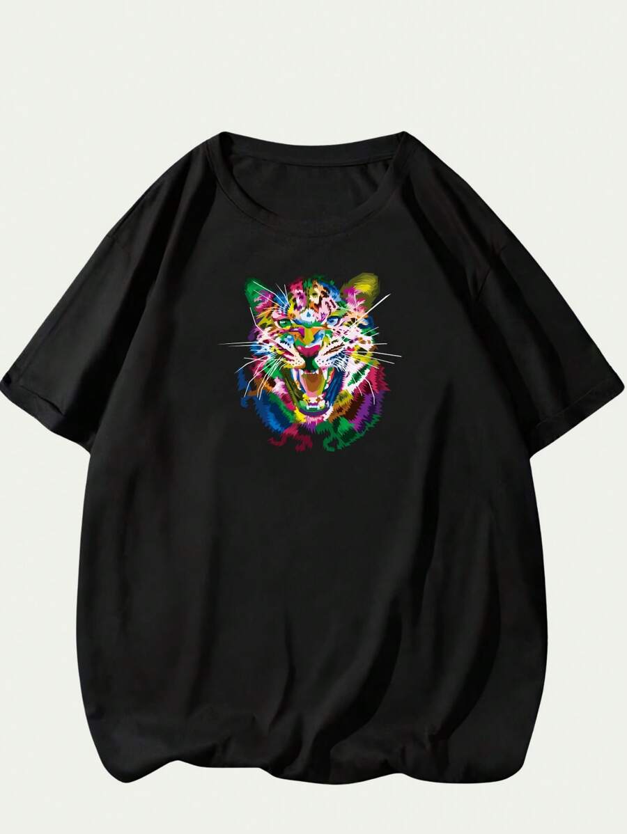 Colorful Tiger Print T-Shirt Men's Blouse Casual T-Shirt Fashion Premium Comfort Cotton Loose Versatile Sophisticated Modern Breathable Soft - 黑色 - 查看 1