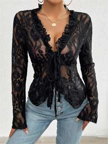 Women Long Sleeve Lace Tops Casual Sheer Basic Tie Front Shirt Blouses For Club Streetwear Aesthetic Clothes - 黑色 - 查看 4
