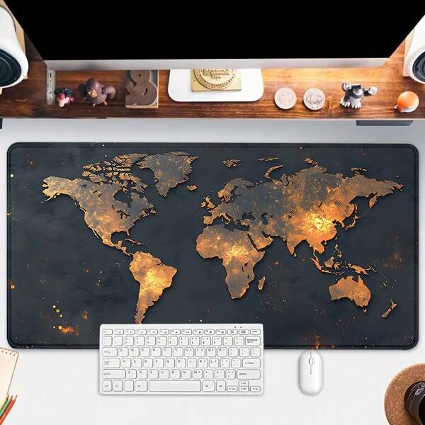 1 peça Mousepad de Mapa Mundi Design Metálico, Tapete de Mesa de Escritório, Acessórios de Mesa de Escritório com Borda Costurada, Base Antiderrapante de Borracha, Tapete de Teclado 35,4 x 15,7 polegadas, Mousepad para Jogos E-Sports, Presente para Mulheres no Escritório e em Casa