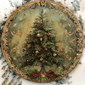 8x8 Inch Round Vintage Christmas Tree Metal Sign Plaque - Ideal For Home, Cafe, Apartment And Living Room Decor | Perfect Holiday Gift, Random Hole Positions