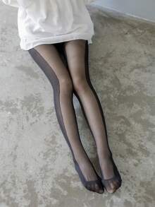 新品大码女式时尚侧条纹提花长筒袜，黑色 - 黑色 - 查看 6