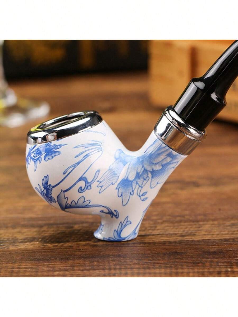 1 Set Chinese Blue And White Porcelain Tobacco Pipe Set, Crafted With