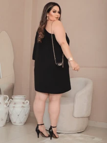 Plus Size Dress Elegant One Sleeve Mule Lame Chic Stylish For Party Nightclub Christmas And New Year - 黑色 - 查看 2