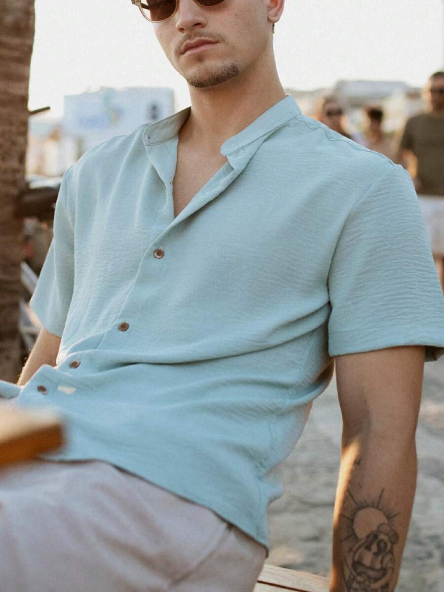 Men's Short Sleeve Shirt With Priest Collar Elegant Casual Party Work - Biru - View 1