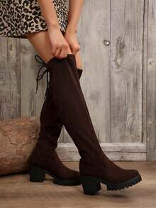 女士纯色时尚靴子，舒适厚跟软底过膝长靴，圆头简约风格，适合冬季 - 棕色 - 查看 3