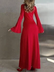 Women Autumn Long Bell Sleeve Side Slit Dress Bodycon Sexy Party Outfit