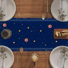 1 pezzo Runner da tavolo per il Ramadan, con stampa a forma di mezzaluna, tovaglia rettangolare minimal in stile lino, decorazione per Ramadan da interno ed esterno per casa, ristorante, soggiorno, tavolo da pranzo - Blu Navy - Visualizzare 7