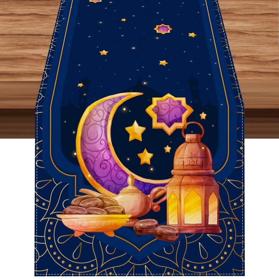 1 pezzo Runner da tavolo per il Ramadan, con stampa a forma di mezzaluna, tovaglia rettangolare minimal in stile lino, decorazione per Ramadan da interno ed esterno per casa, ristorante, soggiorno, tavolo da pranzo - Blu Navy - Visualizzare 1