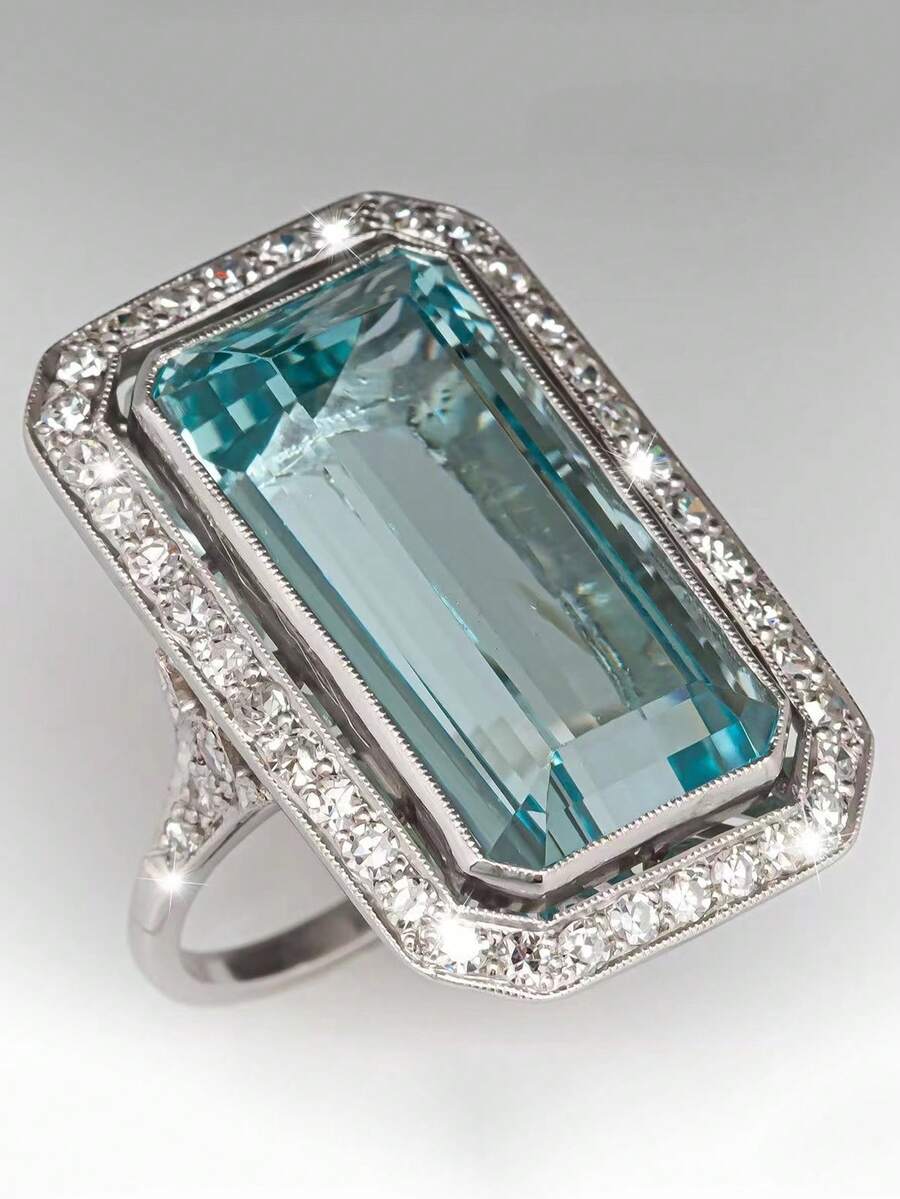 1pc Fashionable New Arrivals Embedded Light Blue Square Extra Large Cubic Zirconia Ring, Engagement Jewelry Accessory Suitable For Men And Women, Gift For Family/Friends/Lover