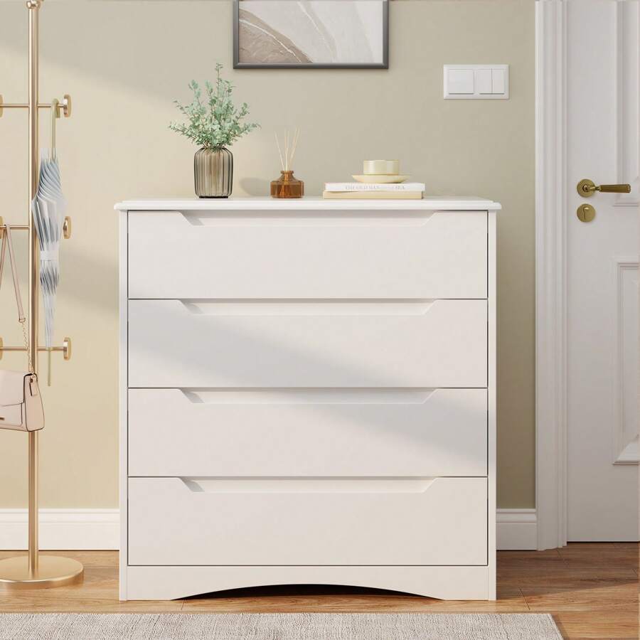 Chest Of Drawers With 4 Drawers, White Bedroom Chest Of Drawers With Cut Out Handles, Chest Of Drawers For Bedroom, Living Room, Office - 白色 - 查看 1