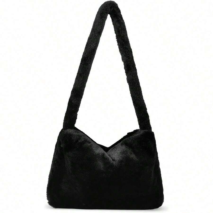Fuzzy Tote Bag Y2K Fluffy Shoulder Bag Women Furry Purse Large Cute Plush Bag Ladies Faux Fur Bag For Autumn And Winter - màu đen - Xem 1