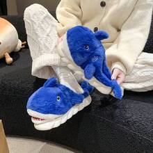 男士秋冬卡通鲨鱼图案毛绒一脚蹬拖鞋，温馨居家保暖情侣拖鞋（建议订购大一码） - 藍色 - 查看 4