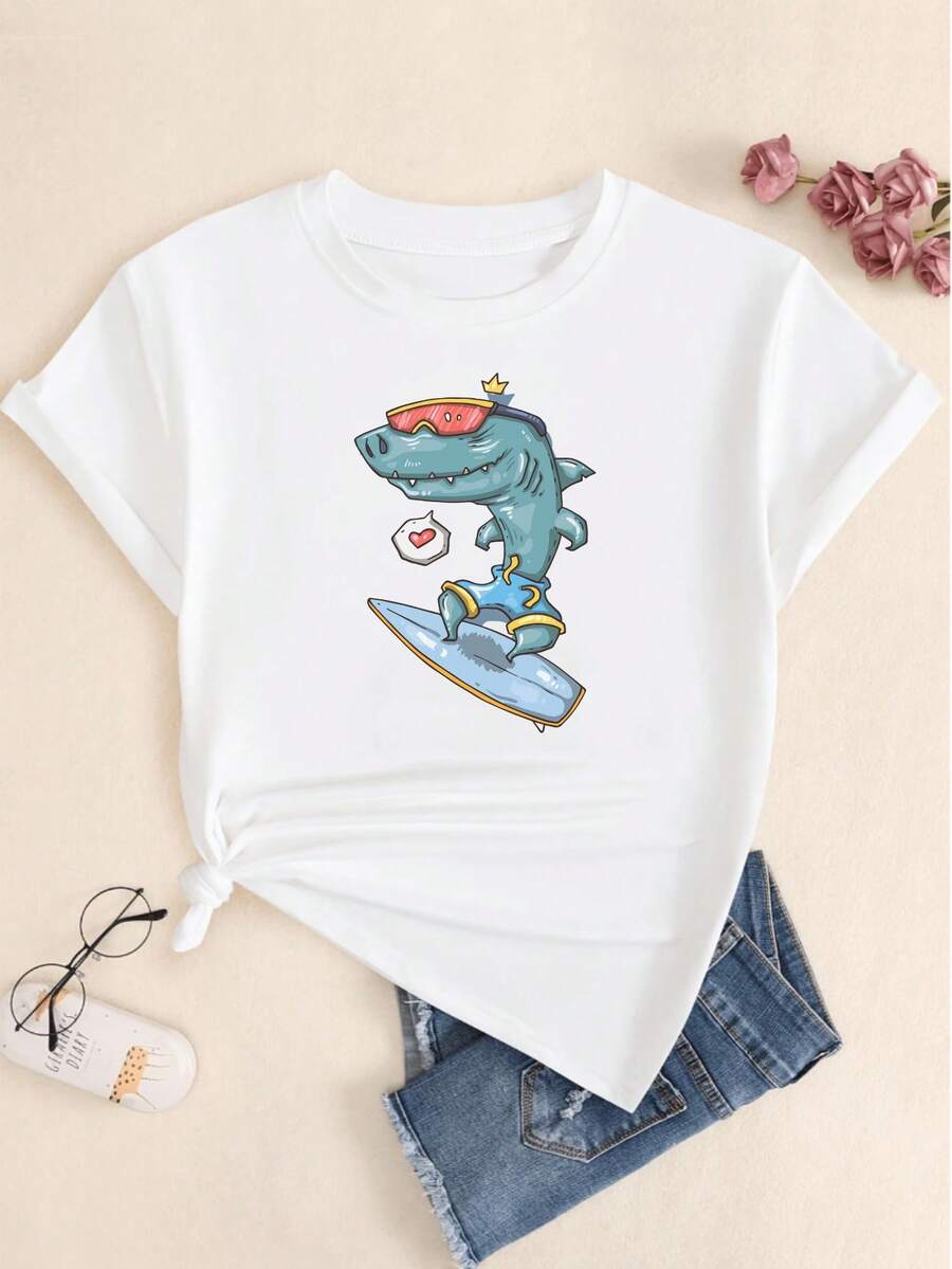 Women's T-Shirt Shark Print In Surf Casual Babylook Premium Comfort Sweet Sexy Sophisticated Versatile Hot Girl Tight Elegant Comfortable - 白色的 - 查看 1