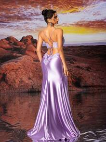 紫色吊带花卉刺绣闪亮优雅性感正式晚礼服、婚礼活动礼服、舞会晚礼服、适合婚礼嘉宾、毕业典礼