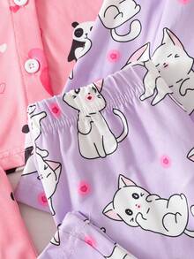 2 件套女孩可爱猫咪斑点和熊猫心形印花长袖衬衫和裤子套装，舒适可爱的公主风格服装，非常适合作为礼物 - 彩色 - 查看 7