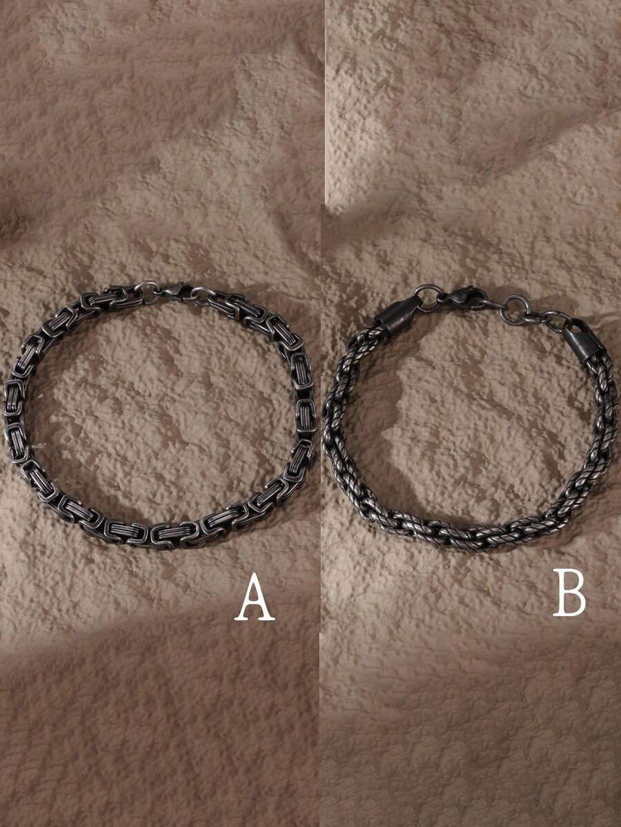 1 件复古做旧不锈钢编织粗链单层手链，男士街头风格腕带，圣诞节、新年、情人节礼物 - 銀色 - 查看 1