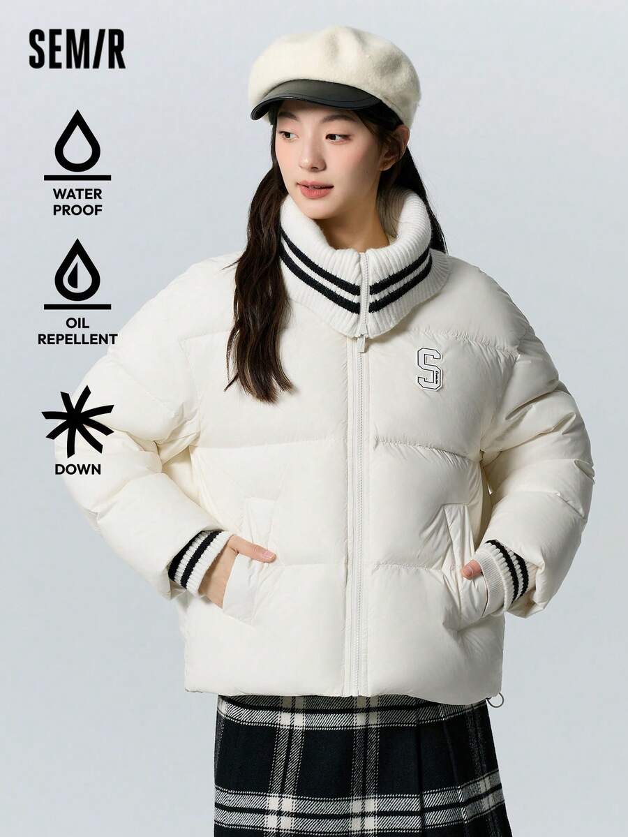 SEMIR Áo khoác chống thấm nước mùa đông rộng rãi cho nữ, phong cách đại học Colorblock - trắng - Xem 1
